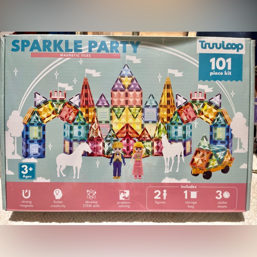 SPARKLE PARTY Magnetic Tiles, 101 pcs Pastel Magnet STEM Toys for Kids Ages 3+